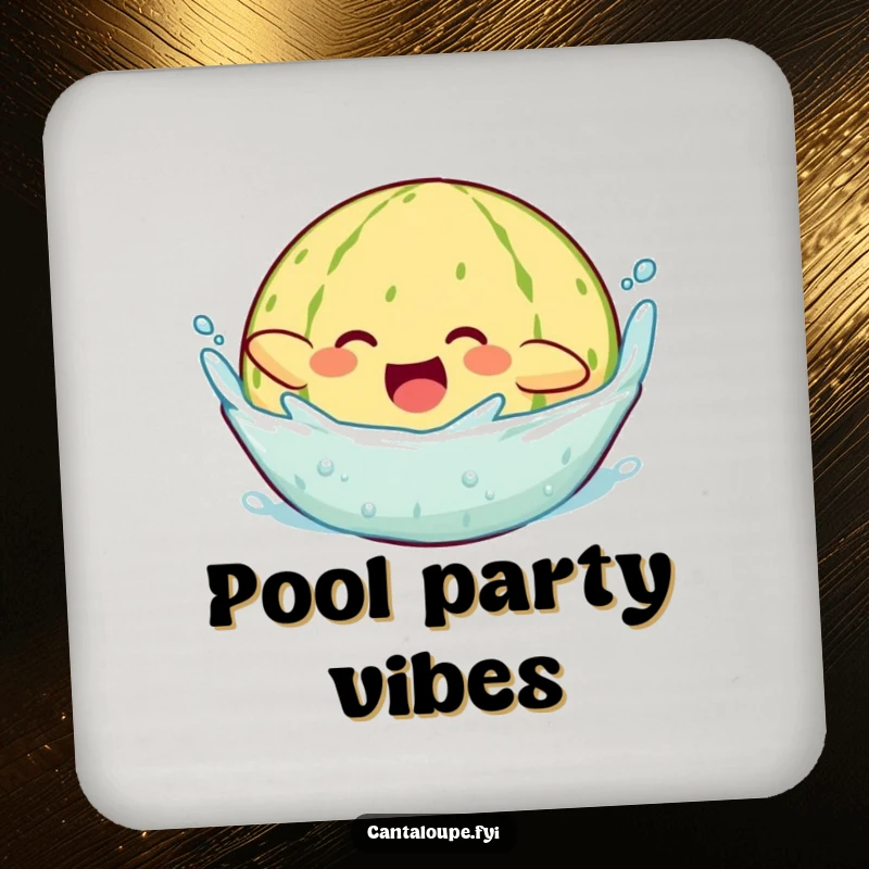 Funny coaster featuring a cantaloupe character joyfully diving into water and creating a dynamic, fun splash around your drink.