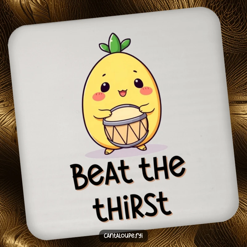 Funny Drumming Cantaloupe Coaster: A coaster featuring a cantaloupe character enthusiastically playing a drum, designed to protect surfaces with musical humor.
