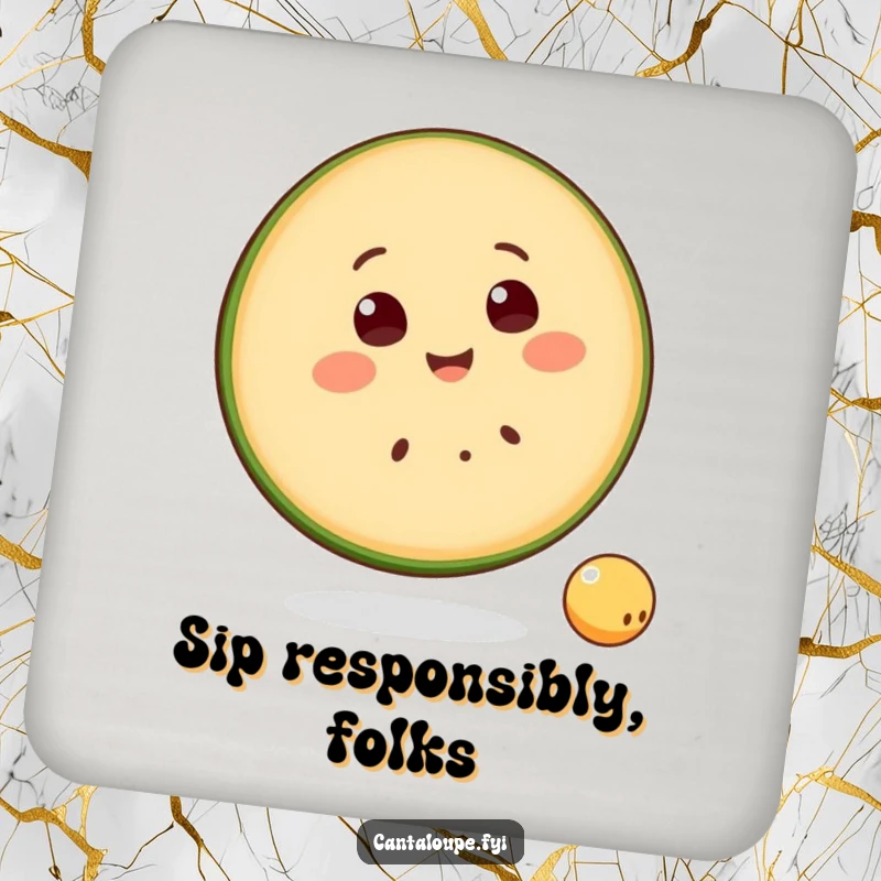 Funny Drink Coaster featuring a smiling cantaloupe slice character happily bouncing a small ball, adding fruity humor to any space.