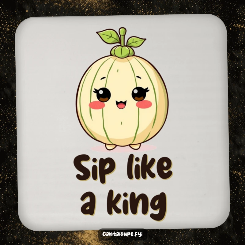 Funny Coaster: Cantaloupe character wearing a tiny stem hat with pride, protecting surfaces with stylish, fruity charm.