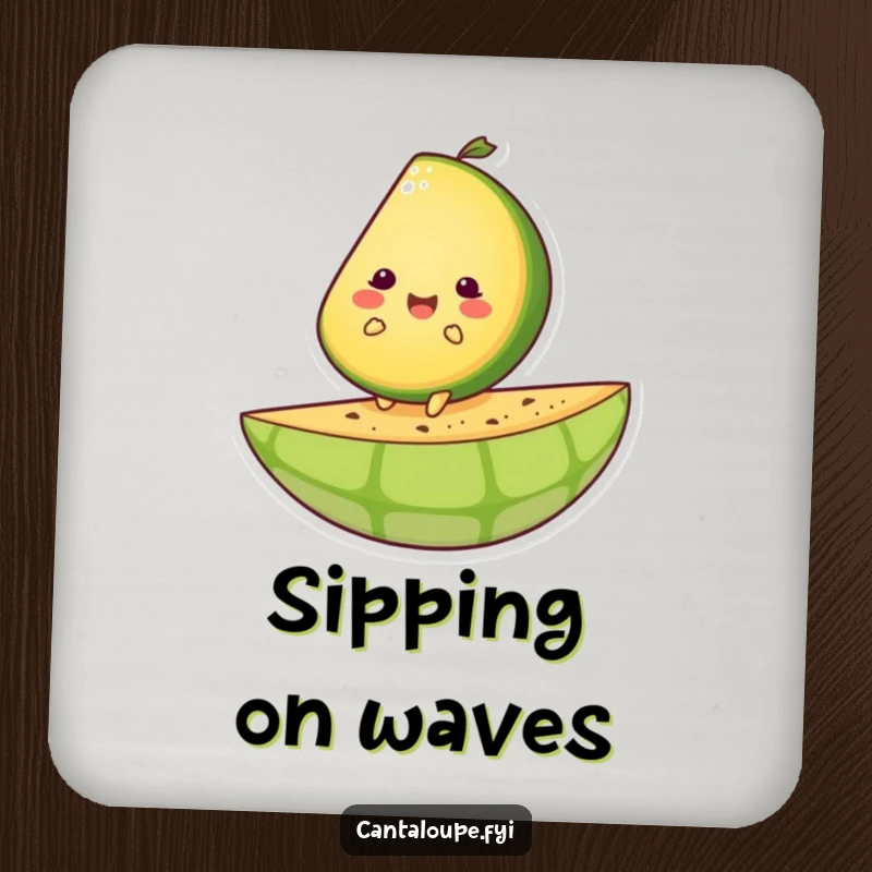 Funny coaster featuring a happy cantaloupe slice character riding a giant melon rind, protecting surfaces.