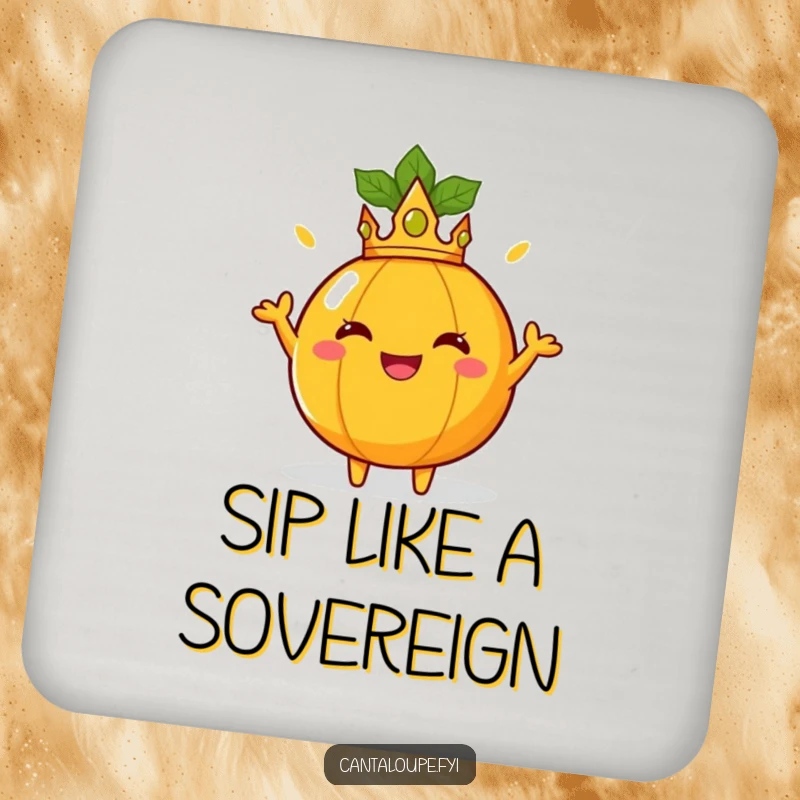 Funny Coaster: A cantaloupe in a crown poses regally, radiating sunny joy. A charming funny gift.