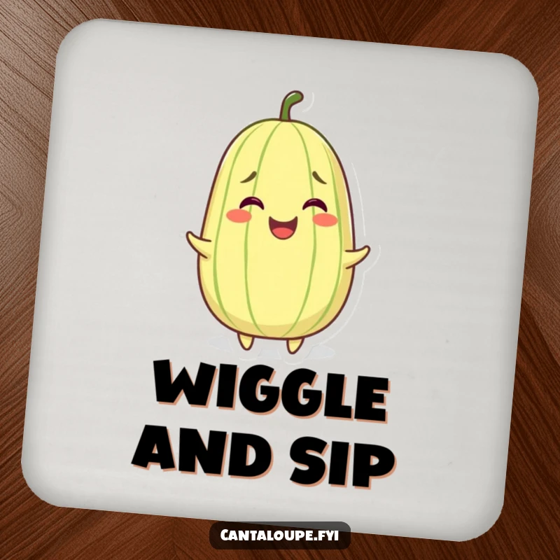 Funny coaster depicting a grinning cantaloupe character wiggling with pure joy, protecting tables from moisture.