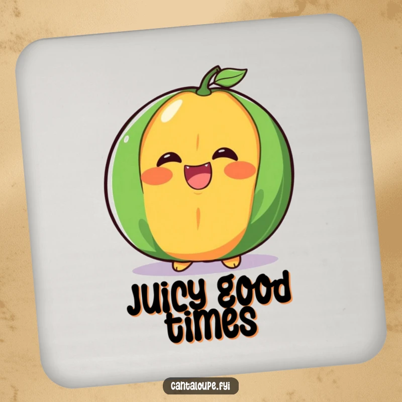 Funny cantaloupe half coasters, caught in a big, juicy laugh, protecting surfaces with comical cheer and fruit art.