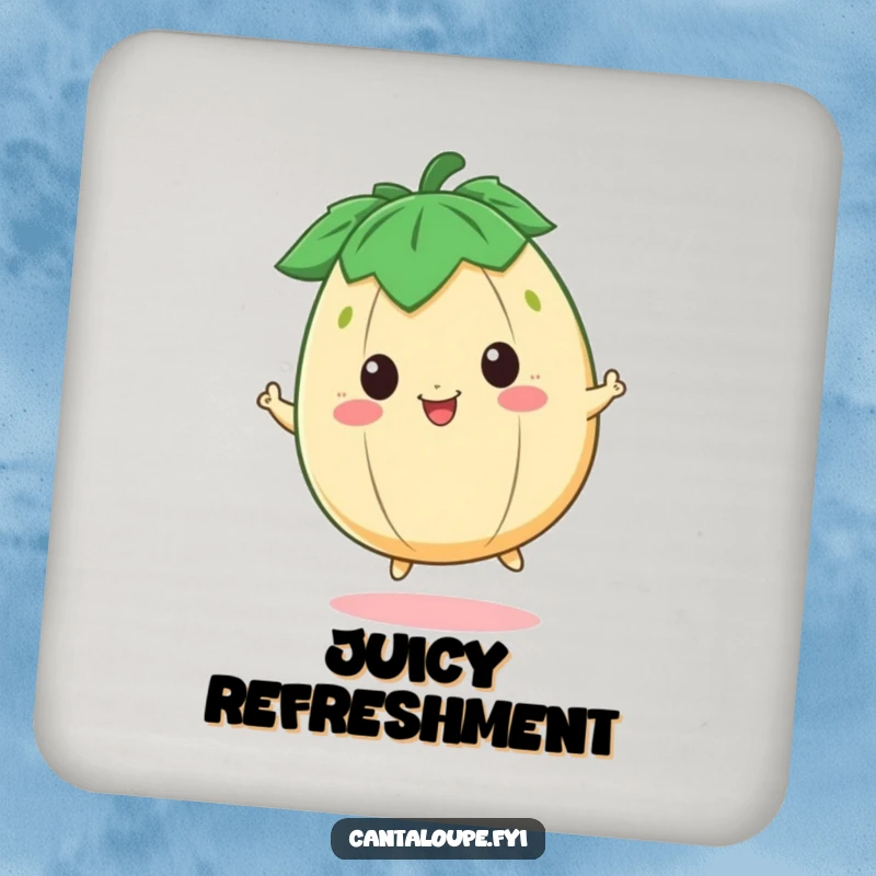 Funny Drink Coaster with a happy cantaloupe character bouncing, adding cheerful, fruity charm to table settings.