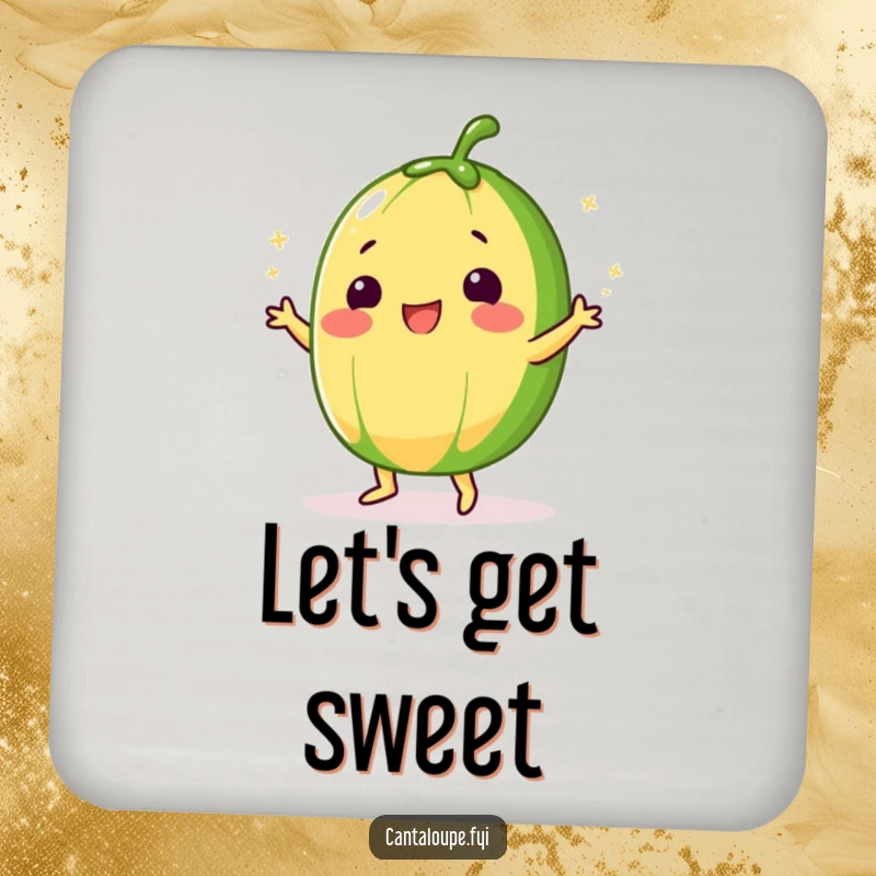 Funny Cantaloupe Drink Coaster with a character doing a silly dance, sprinkled with sugar, adding sweet style.