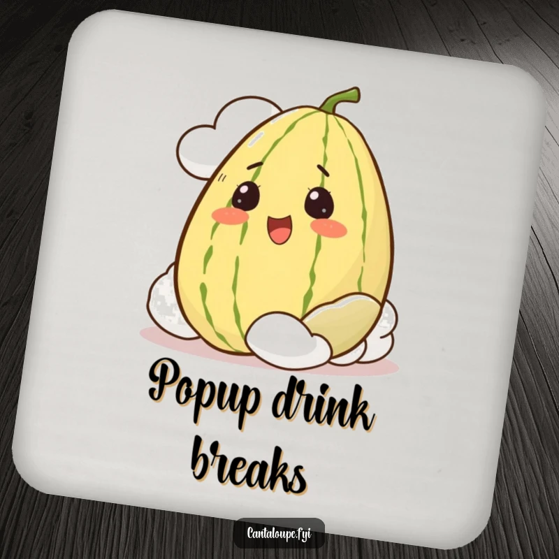 Funny Drink Coaster showcasing a whole cantaloupe character with an excited expression, peeking from behind a cloud.