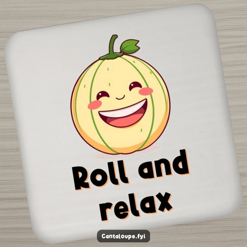 Funny Cantaloupe Coaster: A coaster showcasing a cantaloupe with a wide grin joyfully rolling down a hill, offering humorous protection.