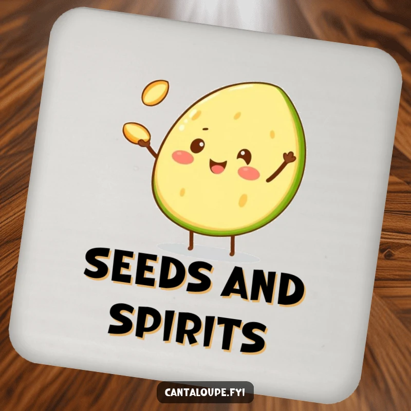 Funny Drink Coaster featuring a cheerful cantaloupe wedge character juggling three tiny cantaloupe seeds, adding circus humor to any space.