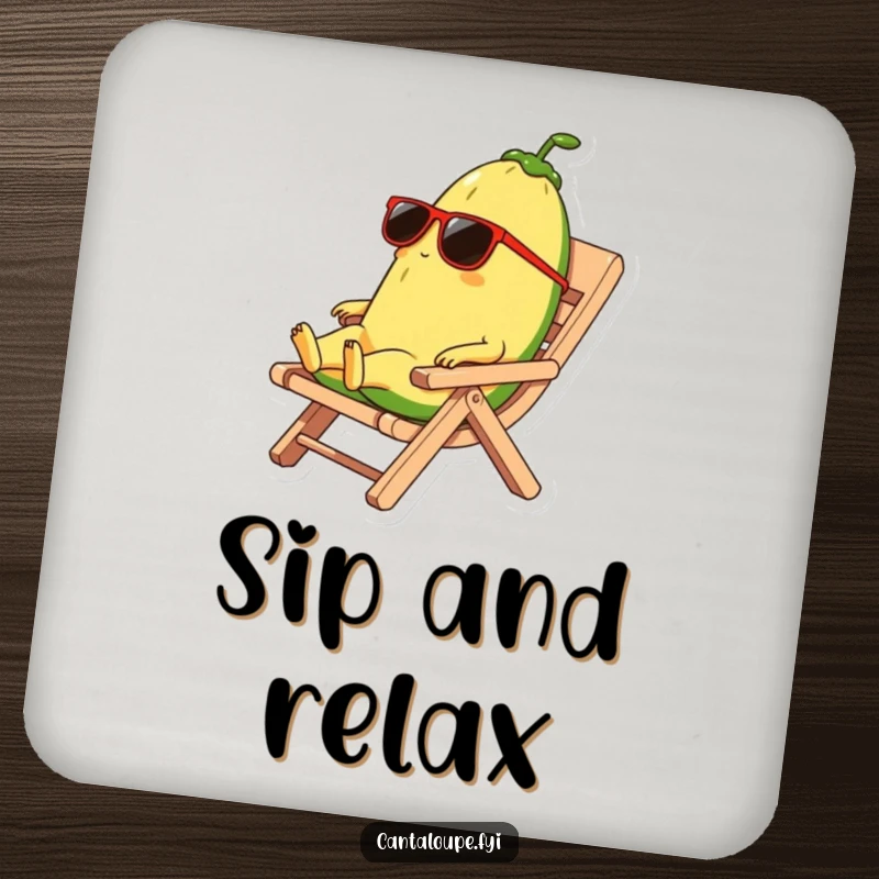 Funny coaster featuring a cantaloupe character wearing sunglasses and relaxing on a rind beach chair, bringing cool vibes to your drink.