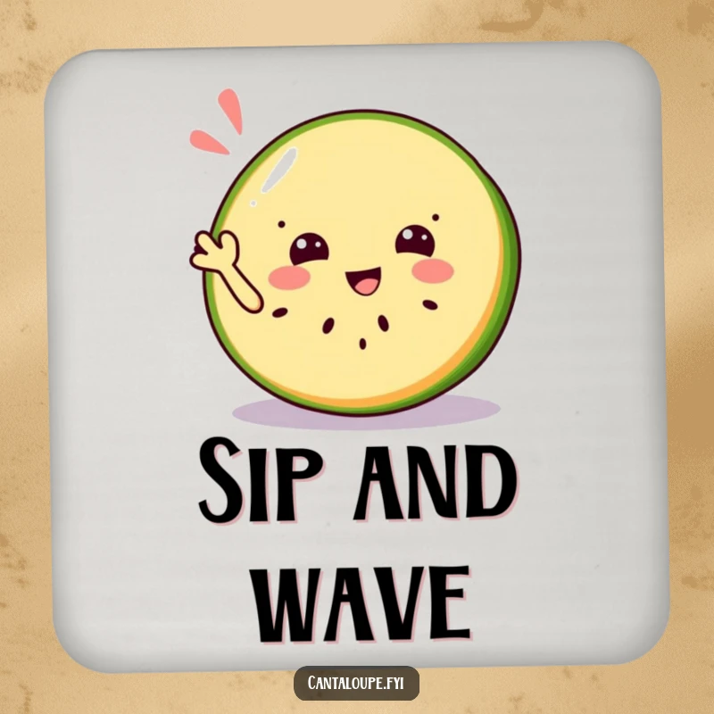 Funny coaster featuring a jolly cantaloupe slice character waving a friendly hello, protecting surfaces with cheer.