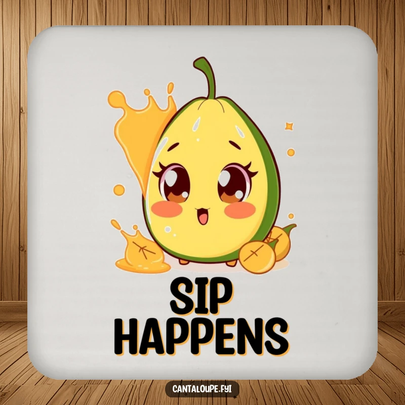 Funny Surprised Cantaloupe Coaster: A coaster featuring a cantaloupe character with wide, surprised eyes, startled by a juice splash, designed to protect surfaces humorously.