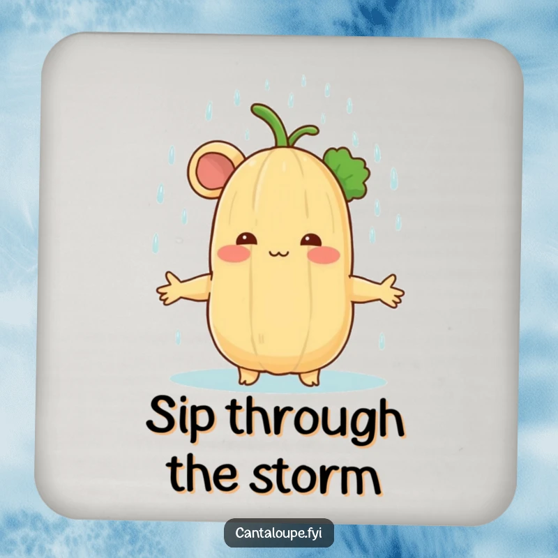 Funny cantaloupe character receiving a rain shower on a drink coaster, offering protection with a dose of gentle, humorous charm.