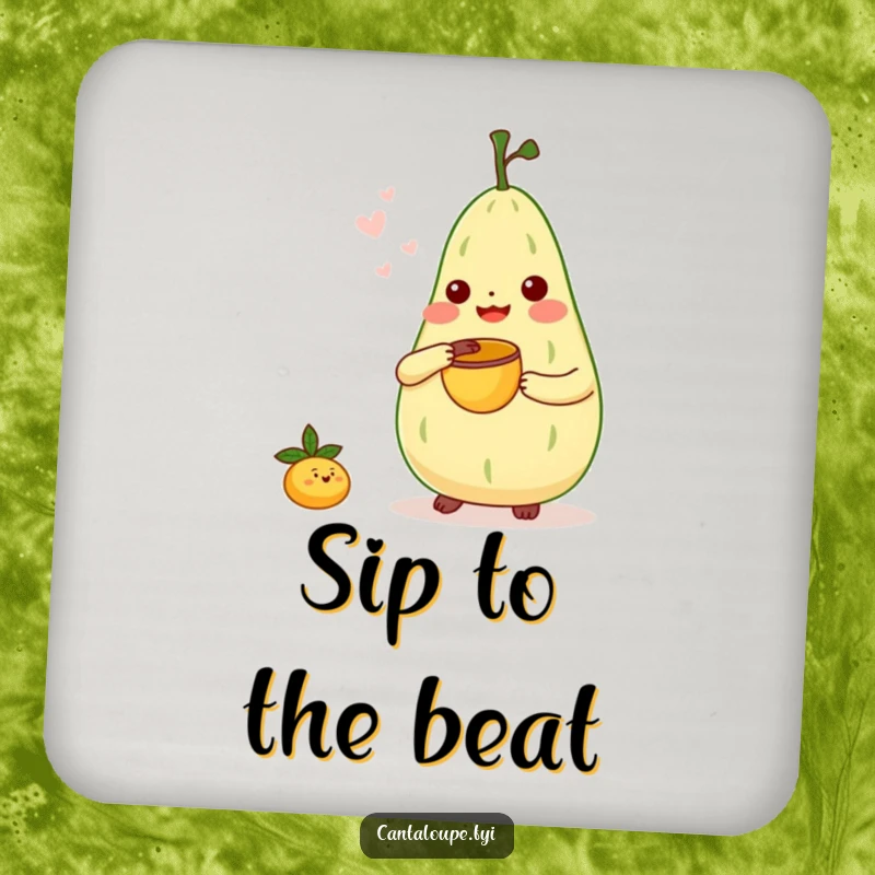Funny Coaster: Cantaloupe character playing a tiny bongo drum with a melon scoop, protecting surfaces with musical cheer.