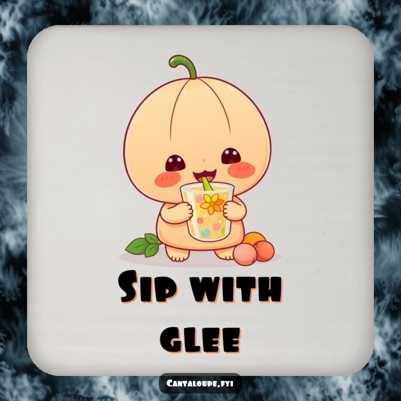 Funny drink coaster featuring a cantaloupe character contentedly slurping a colorful beverage, protecting surfaces with humor.