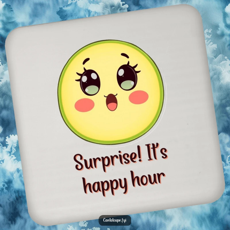 Funny Cantaloupe Slice Coaster: A cantaloupe character with wide, watery eyes shows hilarious surprise, adding a humorous and protective element to tabletops.