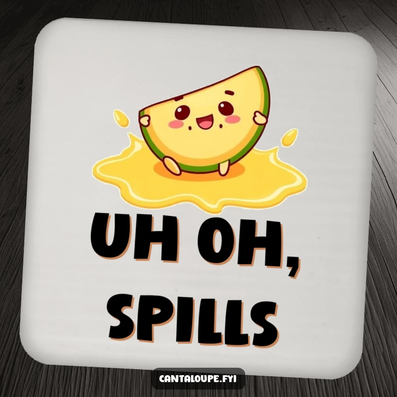 Funny coaster featuring a cantaloupe slice character comically slipping on a cantaloupe juice puddle, protecting surfaces.