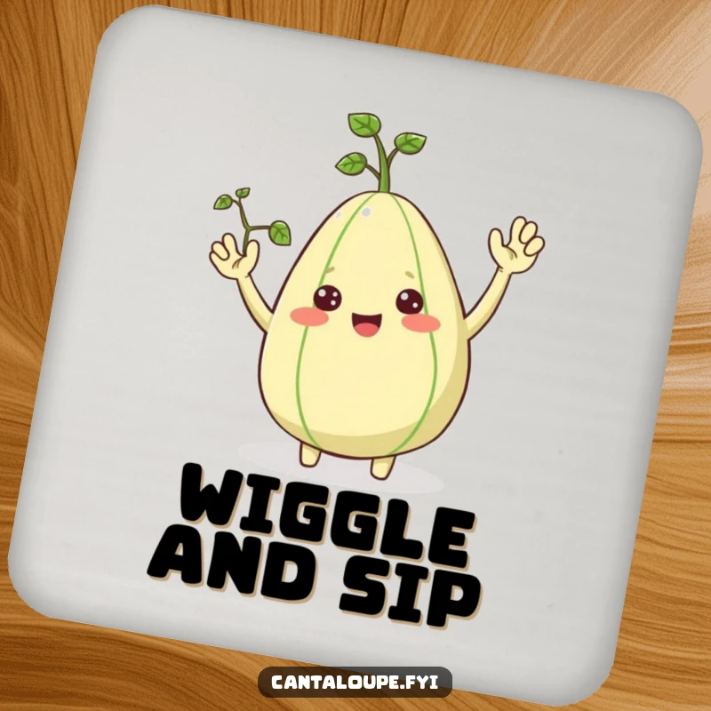 Funny Coaster: A delightful cantaloupe character with vine arms waves hello, protecting surfaces with cheer. A cute funny gift.