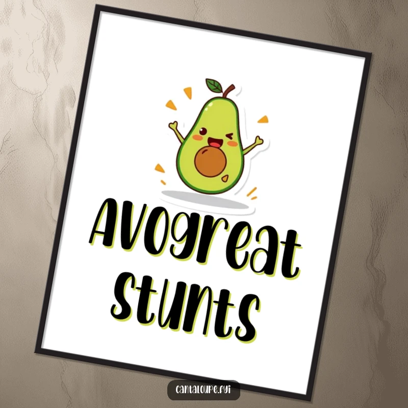 Funny Avocado Poster: A vibrant print of a happy avocado character performing a silly stunt, adding humor to decor.