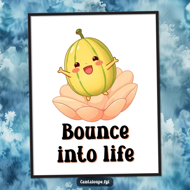 Funny cantaloupe character mid-bounce on a soft petal, a joyful poster artwork that brings vibrant energy and smiles.