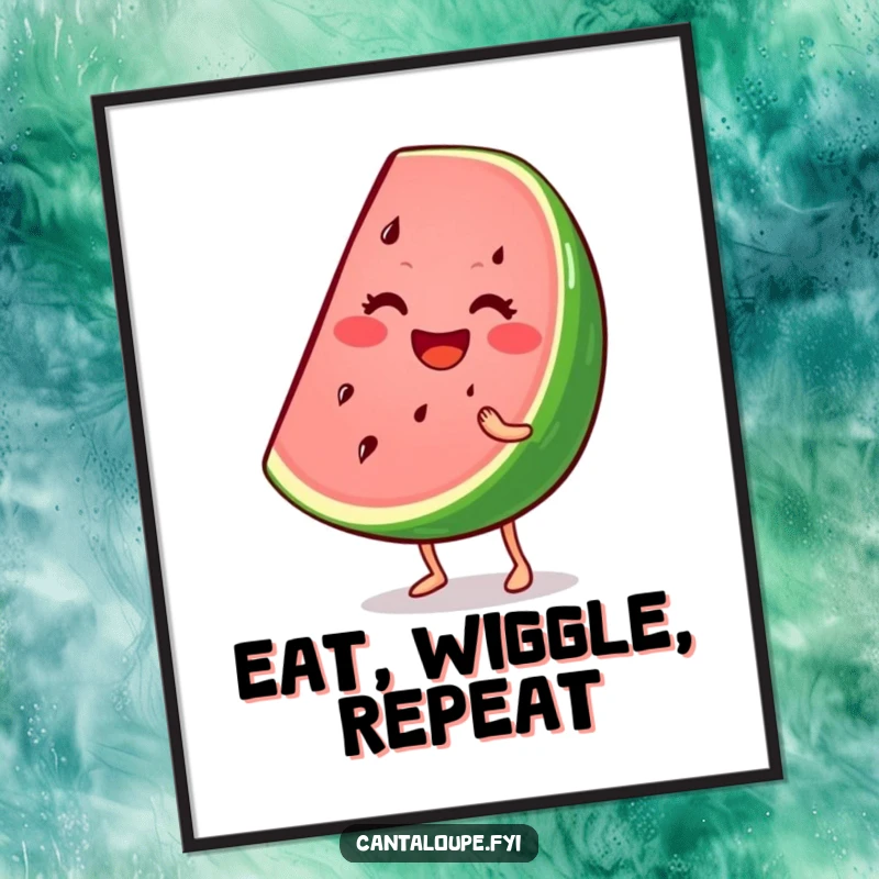 Funny poster print of a smiling watermelon wedge character wiggling enthusiastically, bringing vibrant summer energy and playful decor.