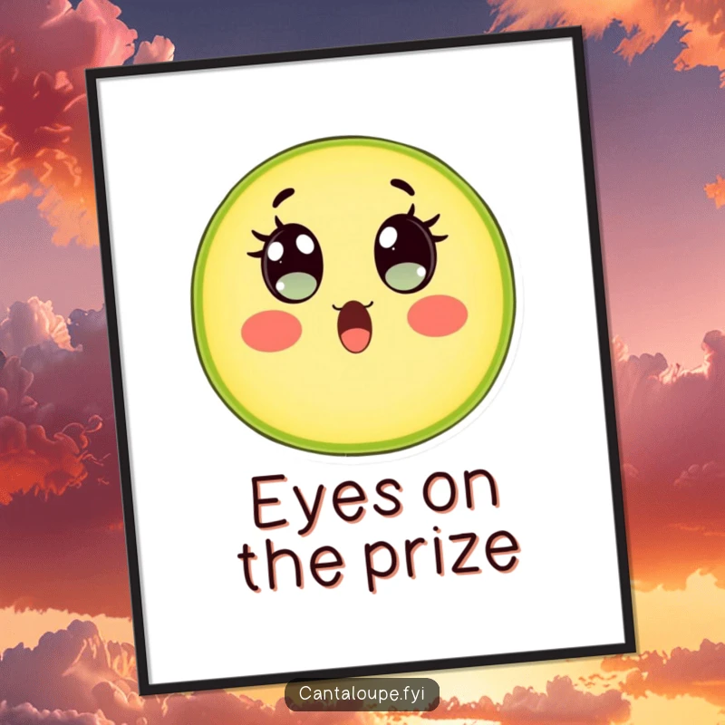 Funny Cantaloupe Slice Poster: A cantaloupe character with wide, watery eyes conveys comical surprise, creating a humorous and attention-grabbing piece of art.