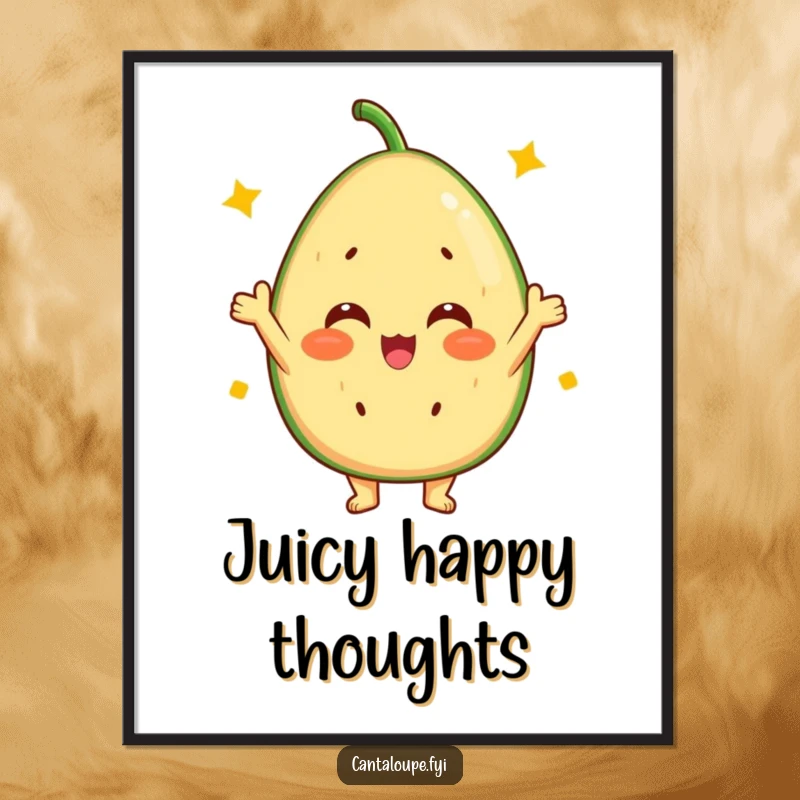 Funny Cantaloupe Poster: A delightful art print of a cantaloupe character cheering exuberantly with a vibrant, sunny disposition.