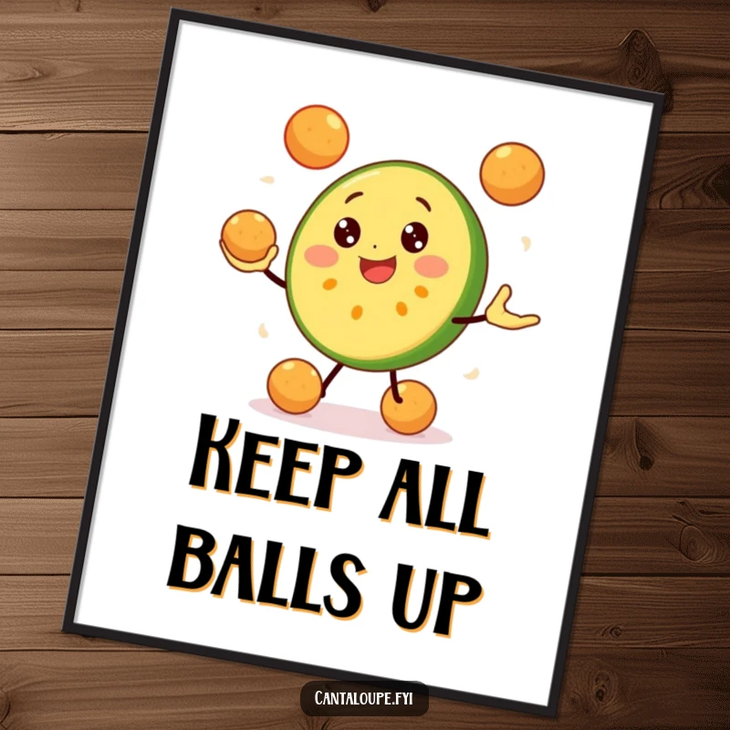Funny Cantaloupe Slice Poster: A happy cantaloupe character skillfully juggles melon balls, creating a dynamic and amusing focal point for any room.