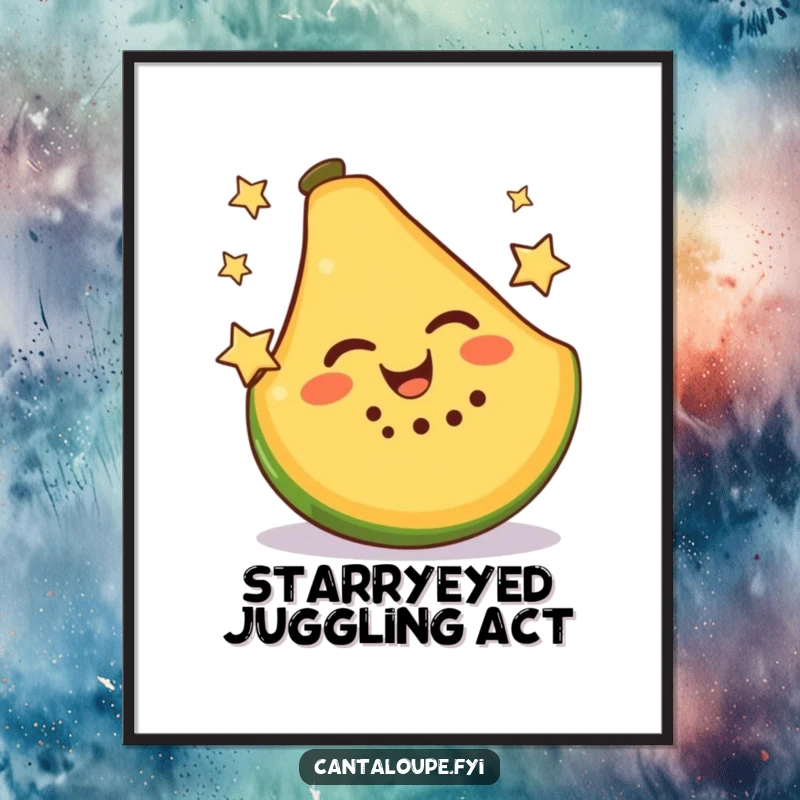 Funny Poster with a bright cantaloupe slice dynamically juggling two small, glowing stars, creating a joyful visual spectacle.