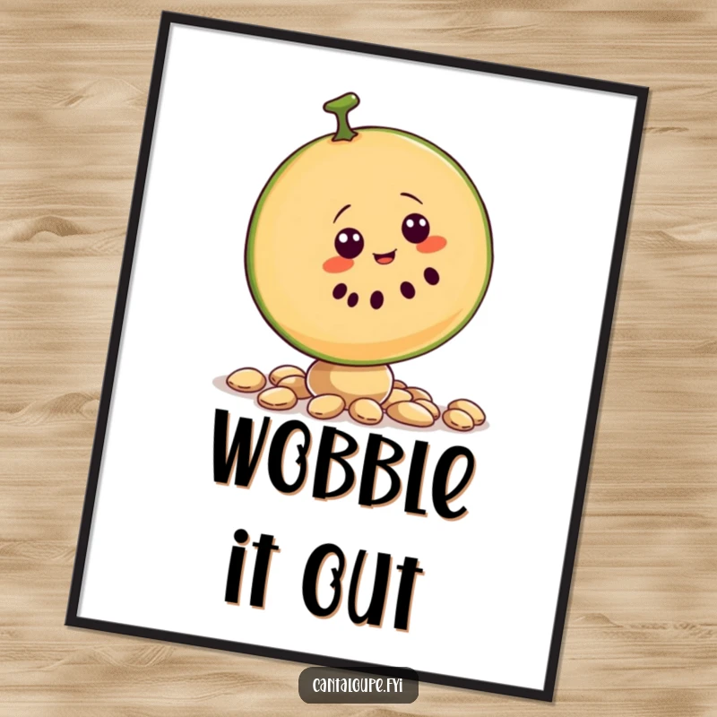 Funny poster displaying a cantaloupe slice character wobbling unsteadily while trying to balance on a bed of seeds.