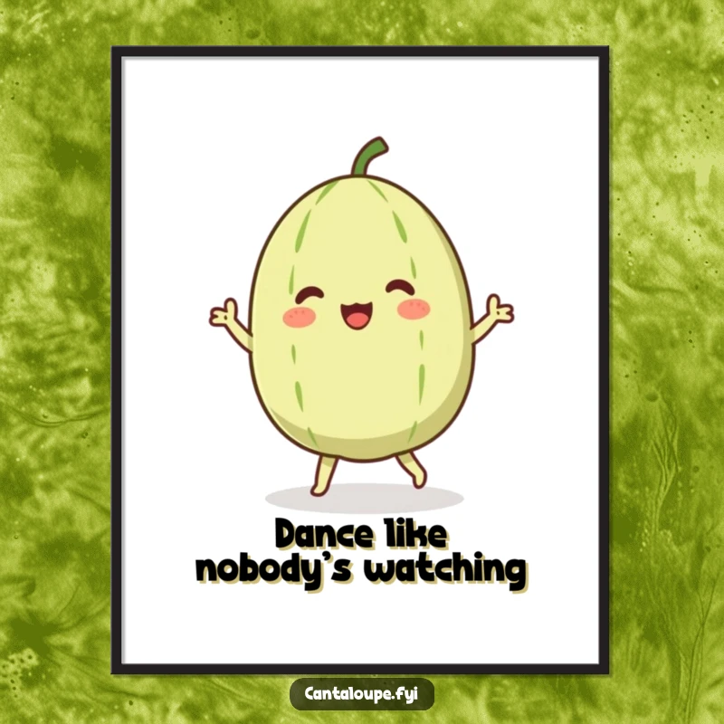 Funny poster illustration of a cantaloupe character busting a move, dancing ecstatically with a body full of happy, swaying mirth.