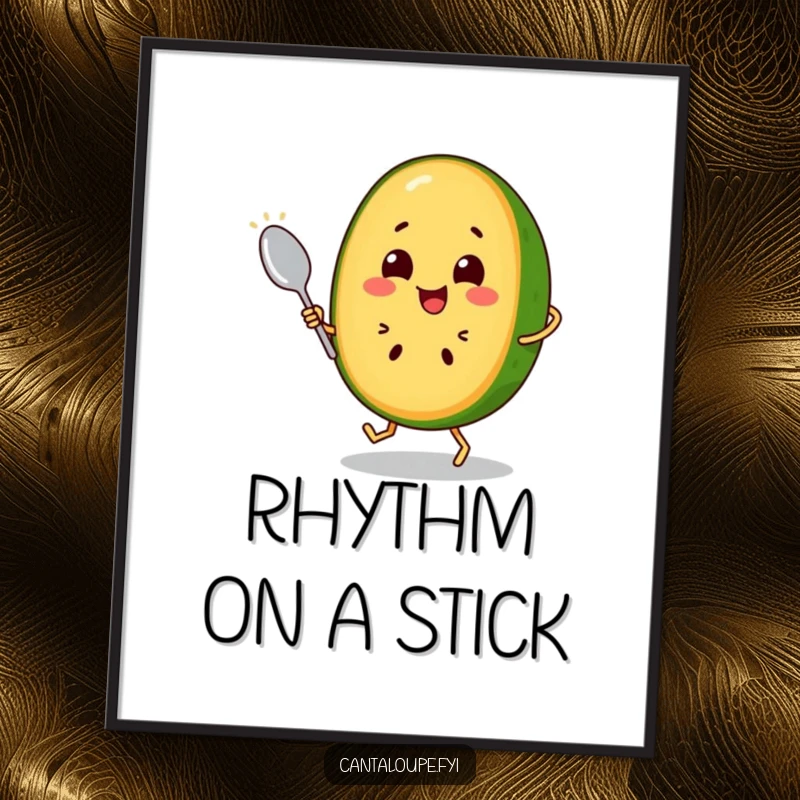 Funny Cantaloupe Slice Poster: A cheerful cantaloupe character dances with a spoon, creating a dynamic and joyful visual for any room. Energetic art.