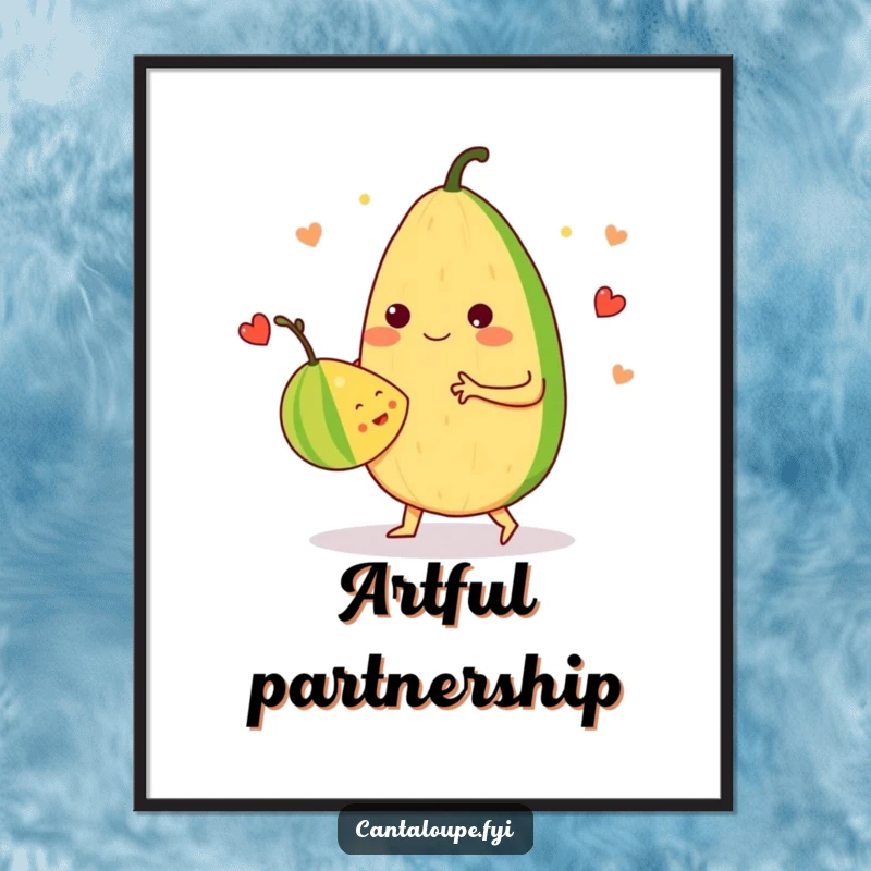 Funny Poster: An anthropomorphic cantaloupe dances a merry waltz with another fruit, embodying playful harmony and fruity artistry.