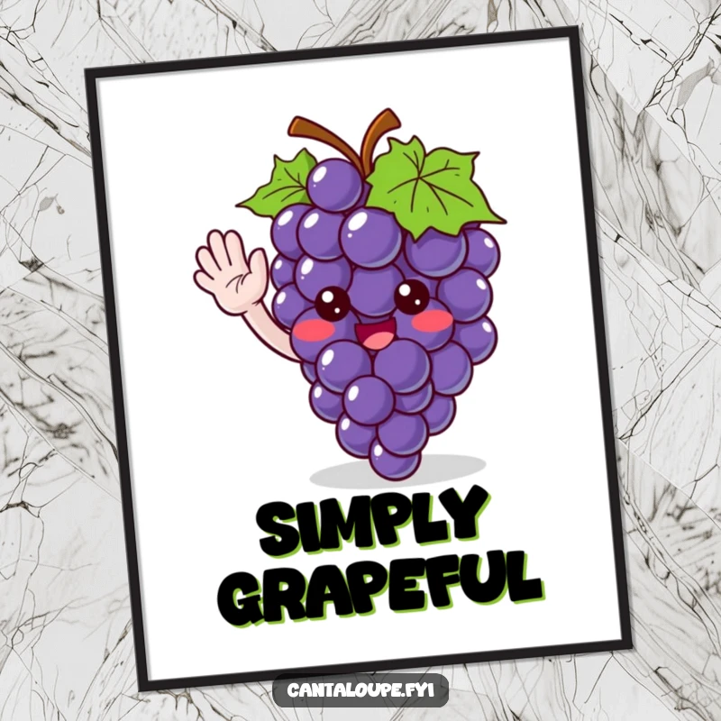 Funny poster print of a cute grape bunch character giving a friendly wave, bringing sweet cheer and playful humor to decor.