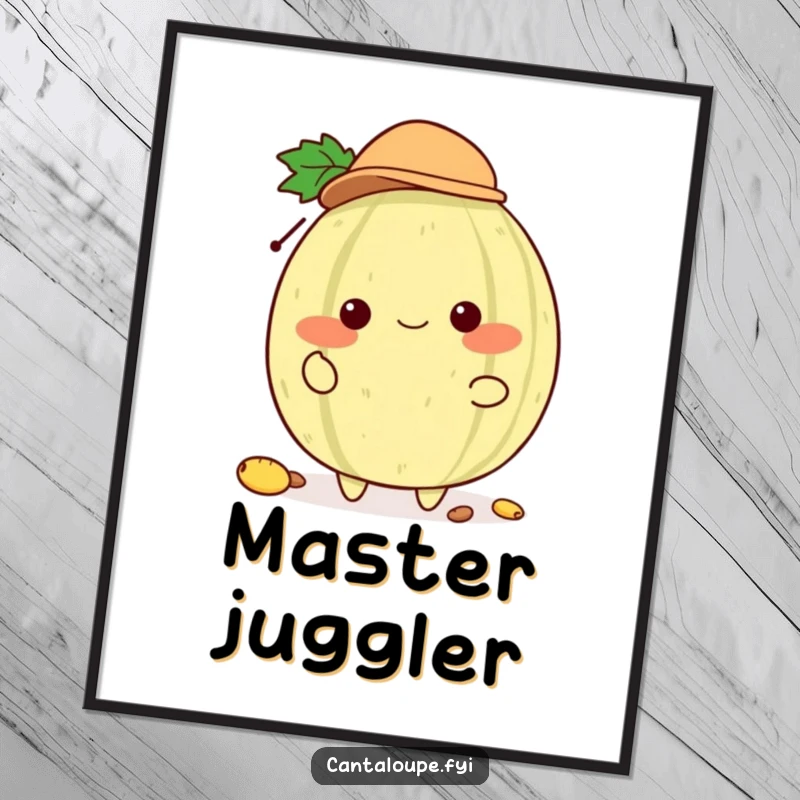 Funny Cantaloupe Juggler Poster: Artwork of a cantaloupe character wearing a small hat and skillfully juggling seeds, adding a whimsical touch to decor.