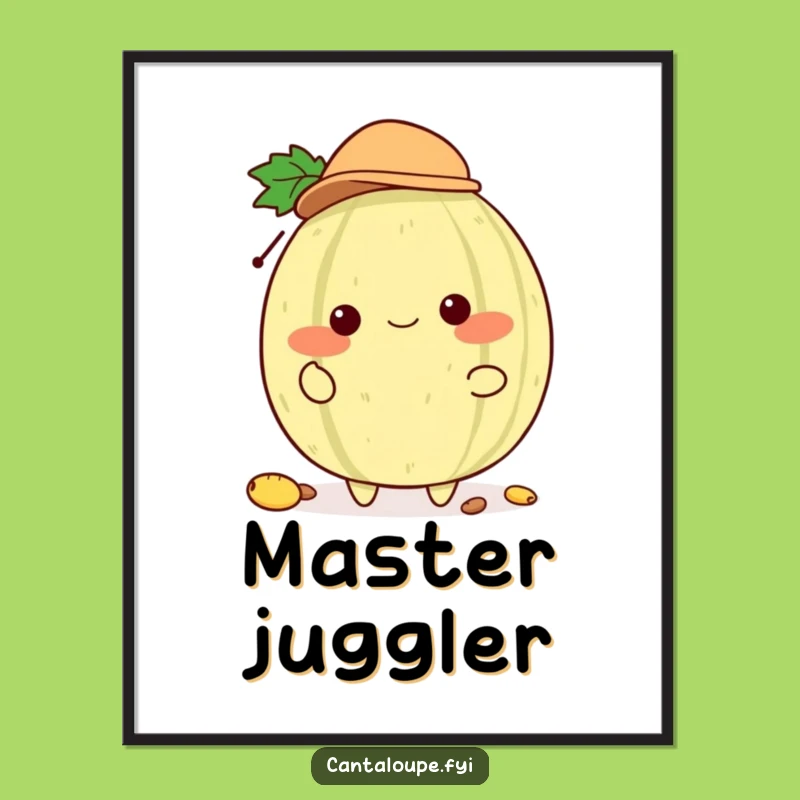 Funny Melon Hat Juggler Poster: Cantaloupe Character with Tiny Hat, Artful Gift