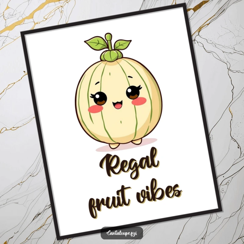 Funny Poster: Cantaloupe character wearing a proud tiny stem hat, a charming piece of wall art exuding fruity confidence.