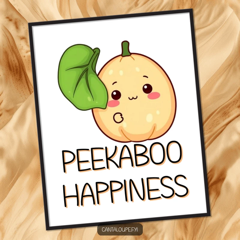 Funny Poster: A shy cantaloupe peeks from behind a leaf with a timid smile. A sweet funny gift.