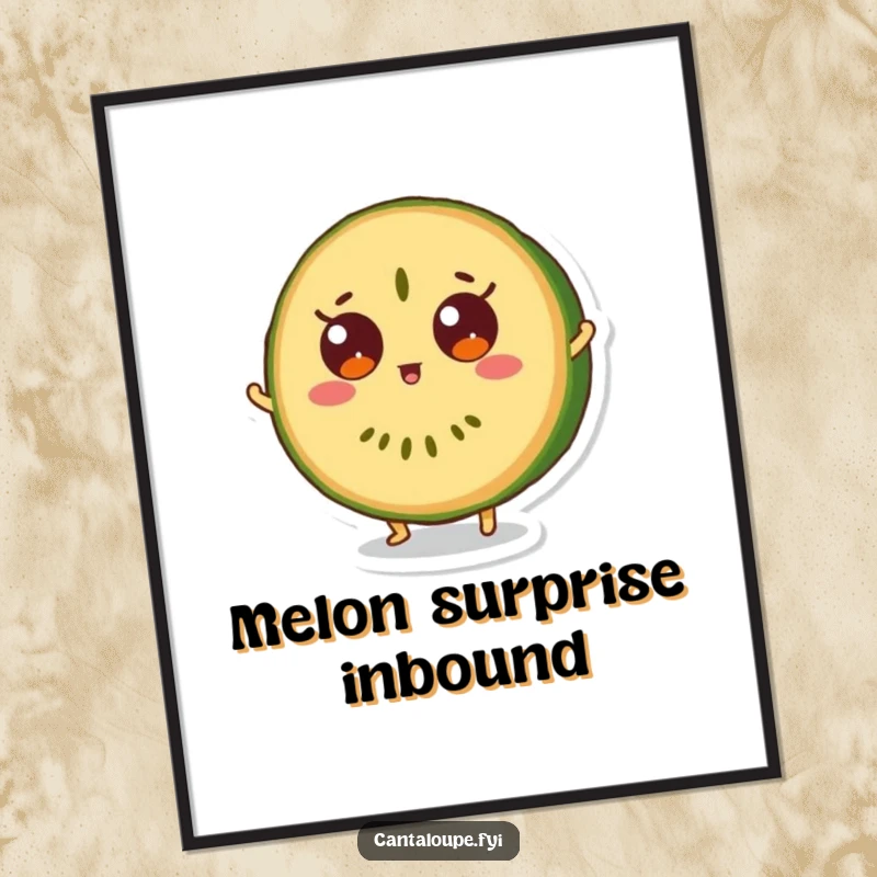 Funny poster depicting a cantaloupe slice character mid-bounce, eyes wide, in a moment of pure surprise.