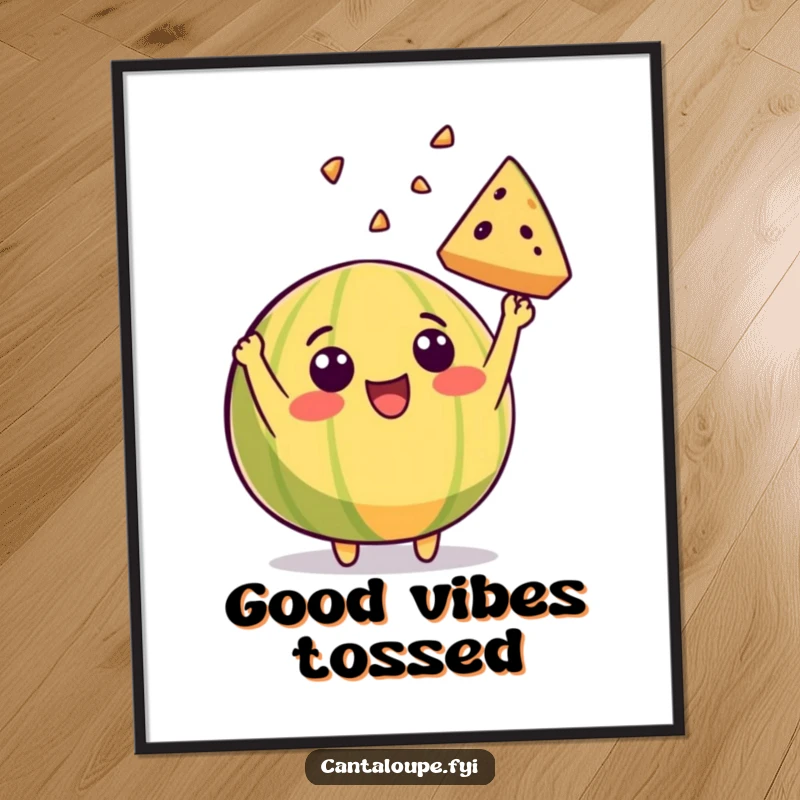 Funny poster art of a cantaloupe character beaming with joy as it excitedly throws a piece of itself high into the air.