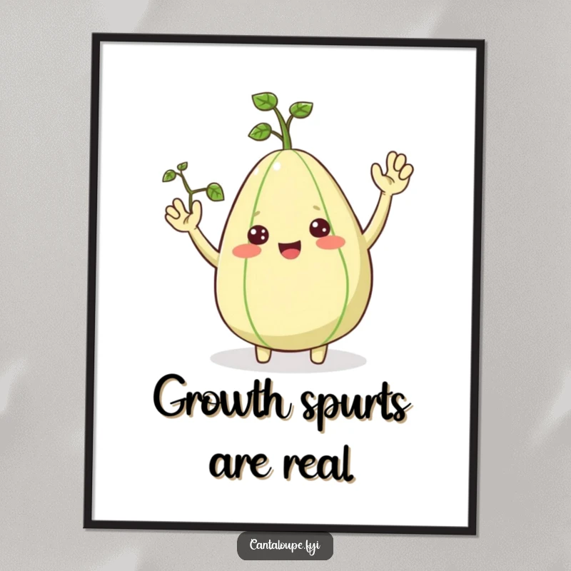 Funny Poster: A cheerful cantaloupe with tiny vine arms waves enthusiastically, brightening any room. An ideal funny gift.