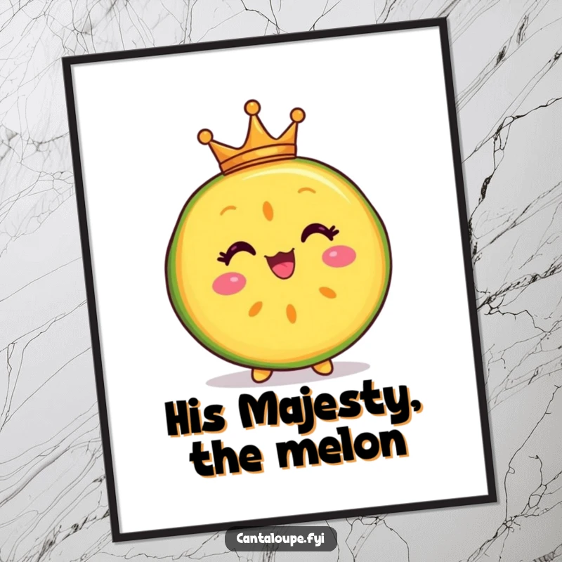 Funny poster art of a delighted cantaloupe slice character wearing a tiny crown, perfect for adding a touch of regal humor.