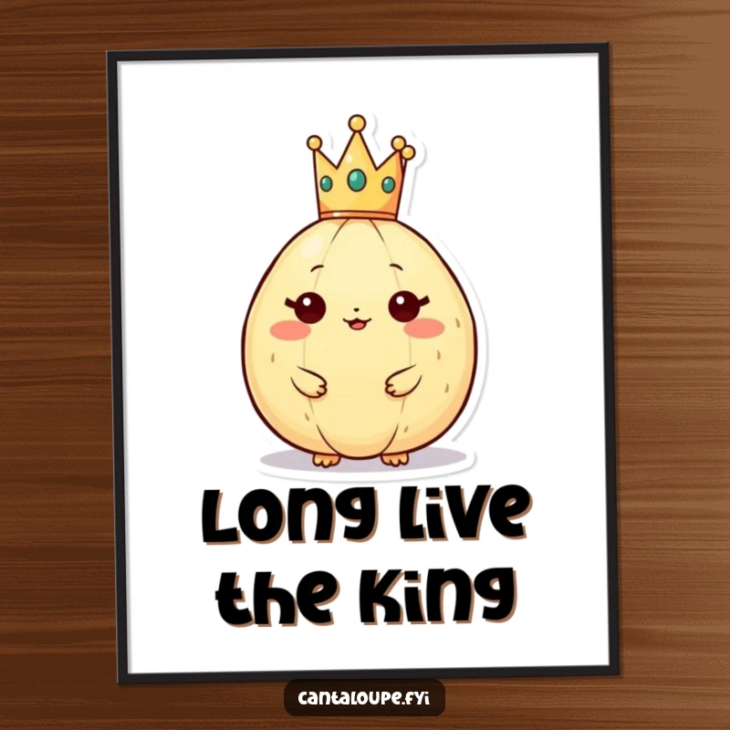 Funny cantaloupe character wearing a tiny crown, a regal poster artwork that adds charming authority and smiles.