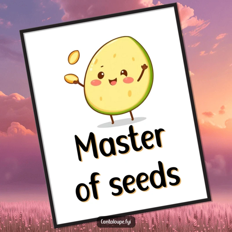 Funny Poster of a cheerful cantaloupe wedge character expertly juggling three tiny cantaloupe seeds, showcasing impressive, playful skill.