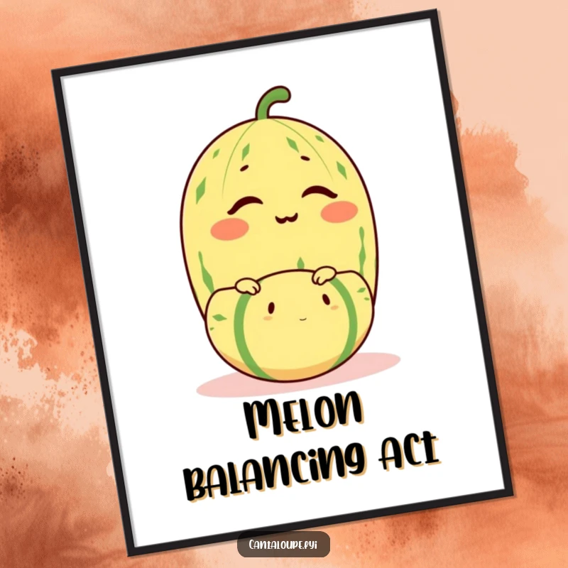 Funny cantaloupe character winking playfully while balancing a smaller melon, creating humorous and impressive wall art.