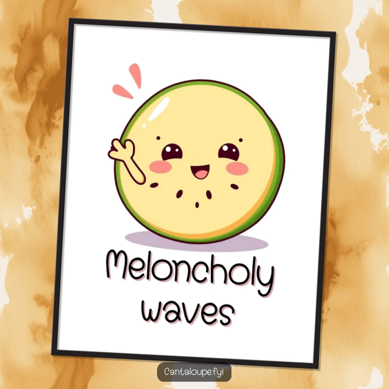 Funny poster with a jolly cantaloupe slice character extending a friendly and refreshing wave, radiating joy.