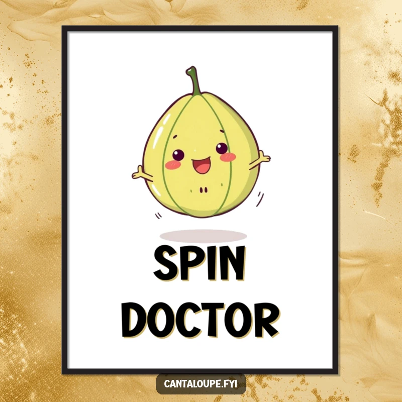 Funny Cantaloupe Slice Poster: Animated cantaloupe slice in a happy, mid-air spin, bringing vibrant energy and cheer to any room.