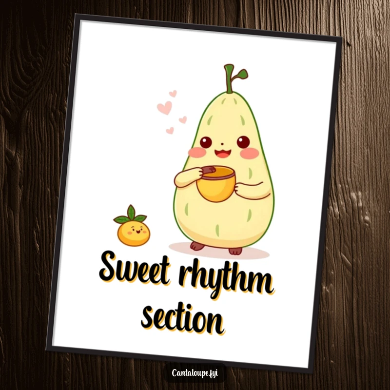 Funny Poster: Cantaloupe character playing a tiny bongo drum with a melon scoop, a playful celebration of music and fruit.