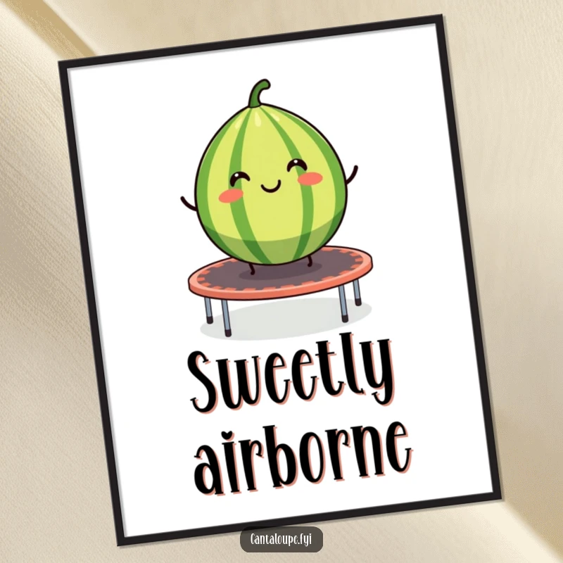 Funny poster depicting a smiling cantaloupe segment joyfully bouncing on a trampoline, a humorous and vibrant piece of art.