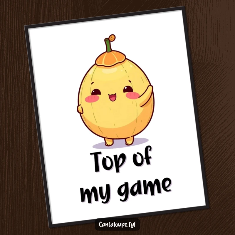 Funny poster featuring a happy anthropomorphic cantaloupe character energetically spinning a small, colorful toy top.